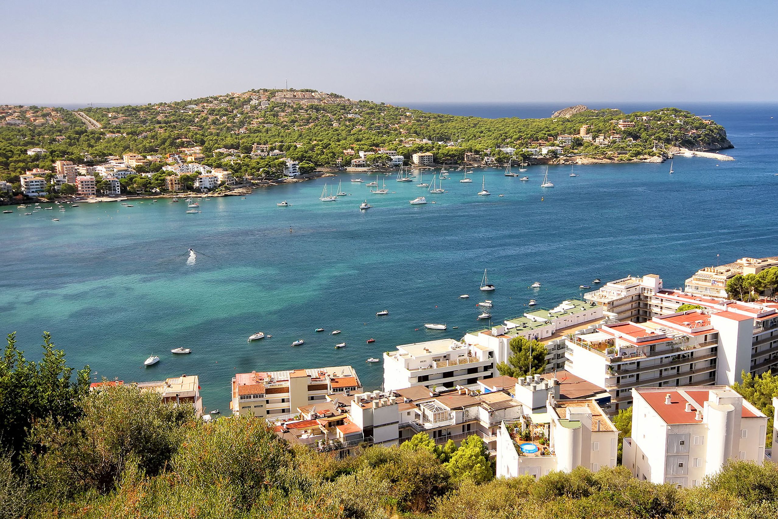 Blick von oben über die Bucht von Santa Ponça mit türkisem Wasser, ankernden Booten, der bewaldeten Landzunge und den weißen Häusern des Orts im Vordergrund.
