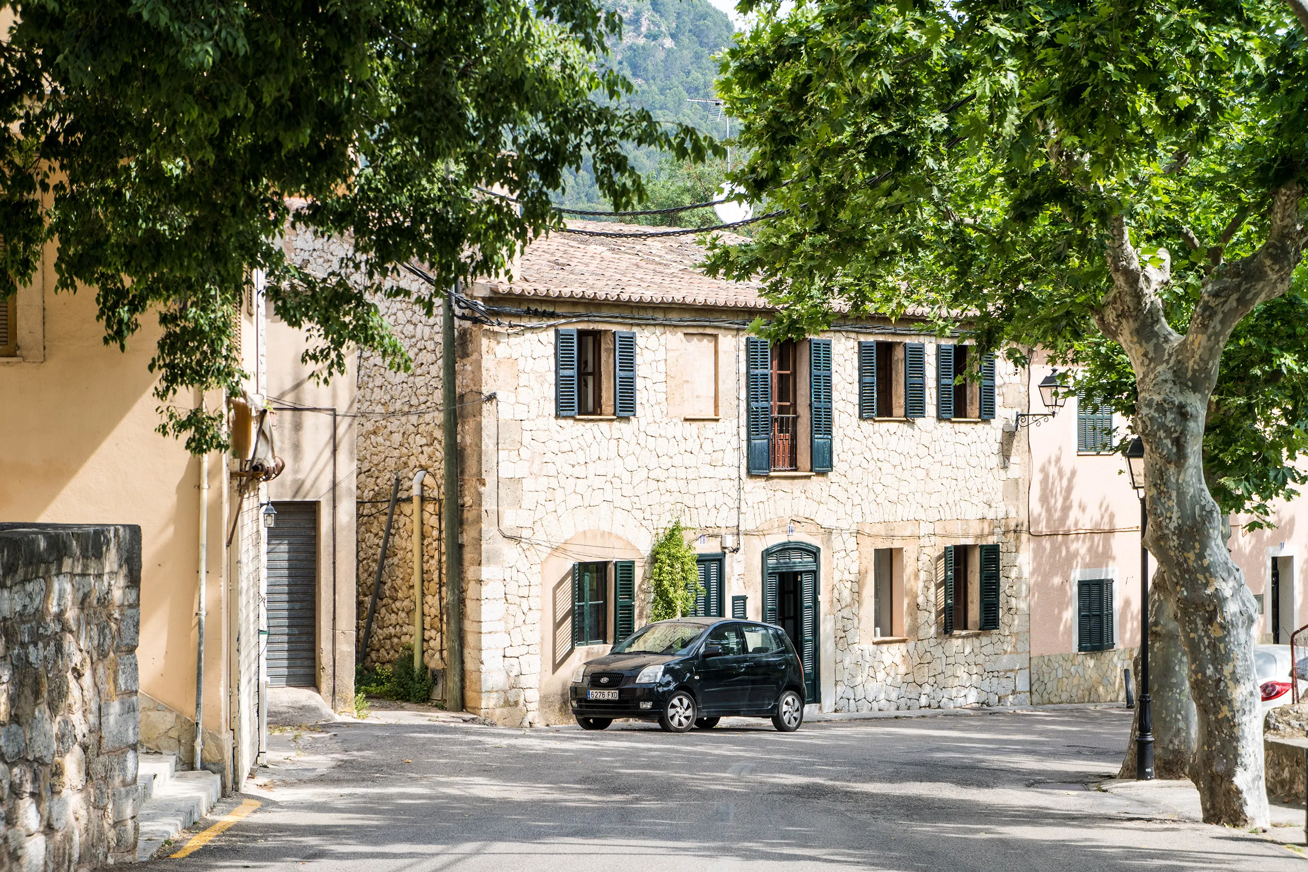 Straße in Puigpunyent mit hohen Platanen über der Fahrbahn, hellen Steinhäusern mit Fensterläden und den Bergen im Hintergrund.

