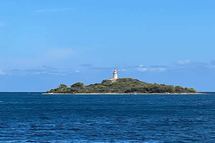 Die bewachsene Insel Illa d'Alcanada mit ihrem weißen Leuchtturm auf der Kuppe, umgeben von tiefblauem Wasser, dahinter der Horizont der Bucht.