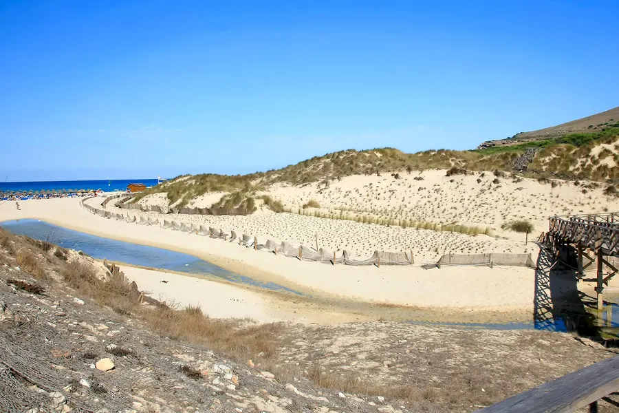 Bewachsene Sanddünen hinter dem Strand der Cala Mesquida, davor eine wassergefüllte Senke und der hölzerne Zugangssteg.