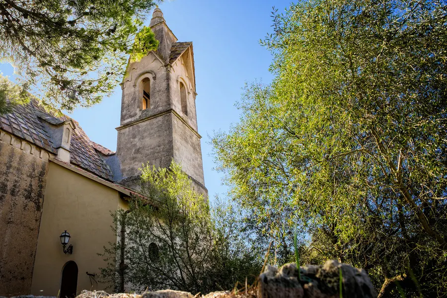 Der spitze Glockenturm der Església de Son Serra von unten gesehen, daneben das Kirchenschiff mit Ziegeldach und Rundbogentür, ringsum Olivenbäume.
