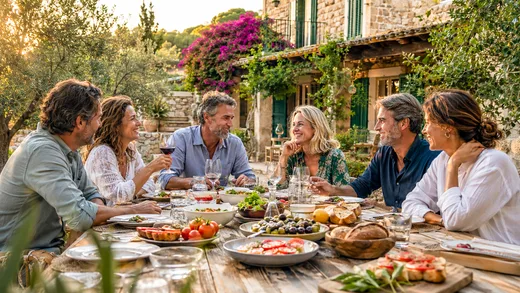 Gedeckter Tisch auf einer Finca, Freunde beim Essen im Freien.