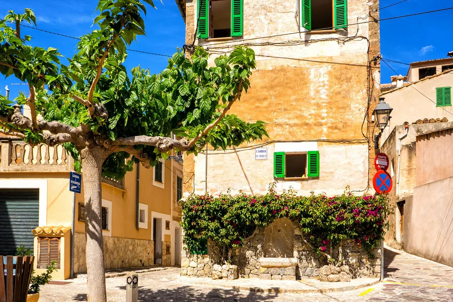Kleiner Platz in Estellencs mit einem alten Baum, Brunnen und ockerfarbenen Häusern mit grünen Fensterläden und Blumenschmuck.
