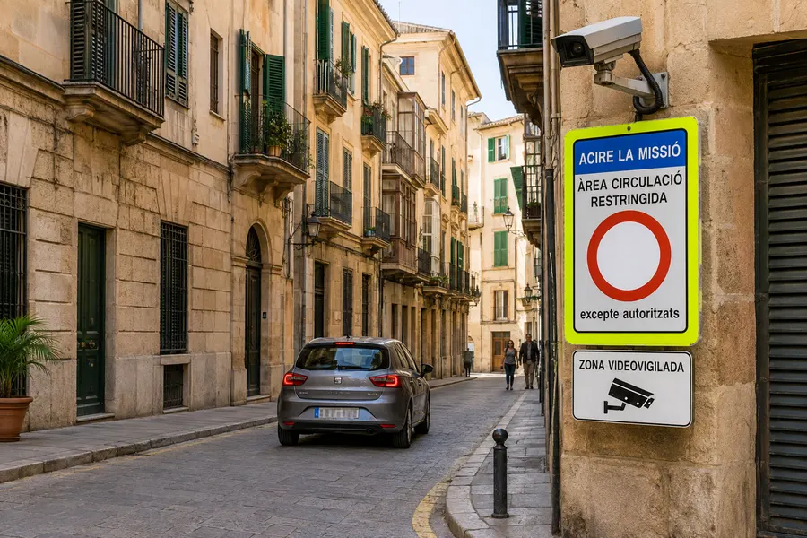Ein gelb umrandetes ACIRE-Schild in einer Altstadtgasse von Palma mit dem Zusatz „excepte autoritzats“, darüber eine Überwachungskamera.