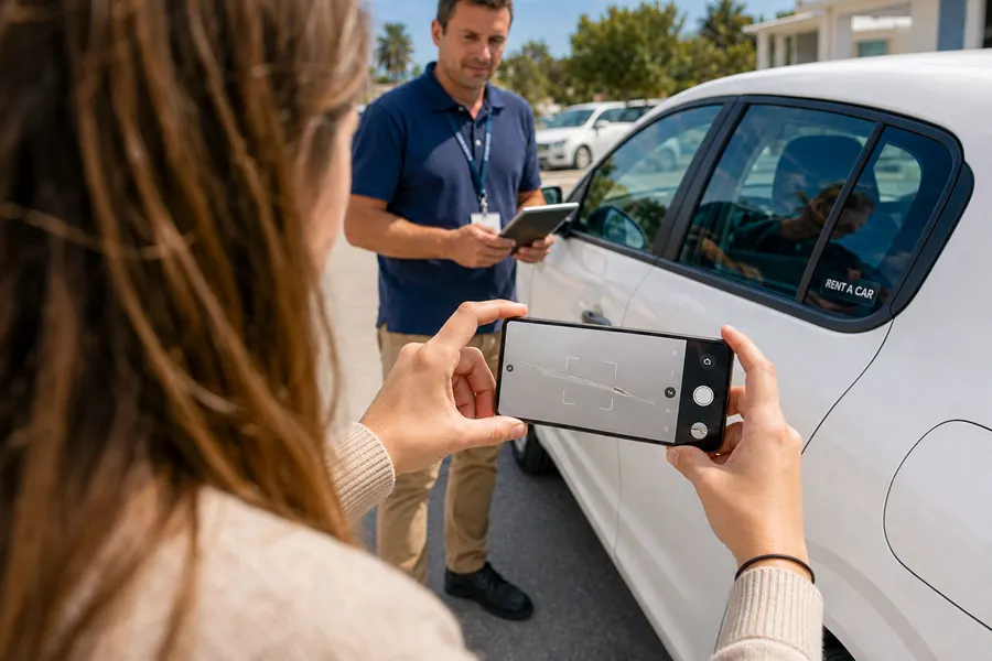 Eine Frau fotografiert mit dem Telefon einen Kratzer an der Seite eines weißen Mietwagens, daneben steht ein Mitarbeiter mit Tablet.