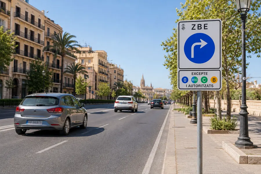 Das Hinweisschild der Umweltzone ZBE am Rand einer Einfahrtstraße nach Palma.