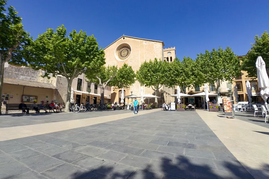 Weite, hell gepflasterte Plaça Major mit Platanenreihen, unter denen Cafétische und geschlossene Sonnenschirme stehen; im Hintergrund die schlichte Sandsteinfassade der Kirche Santa Maria dels Àngels mit großer Rosette und der Uhrturm.